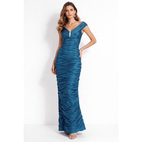 Cachet Dresses & Skirts - Vintage Cachet Maxi Rushed Dress Size 8 Petite Gown Teal Blue Prom Formal Y2K